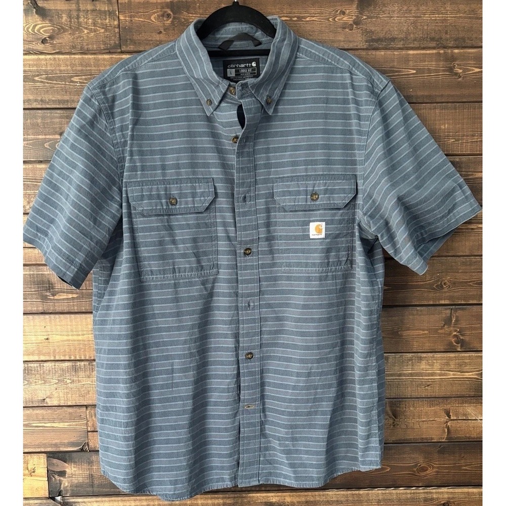 Carhartt Mens L Loose Fit Short Sleeve Button Down Work Shirt Gray Blue Striped